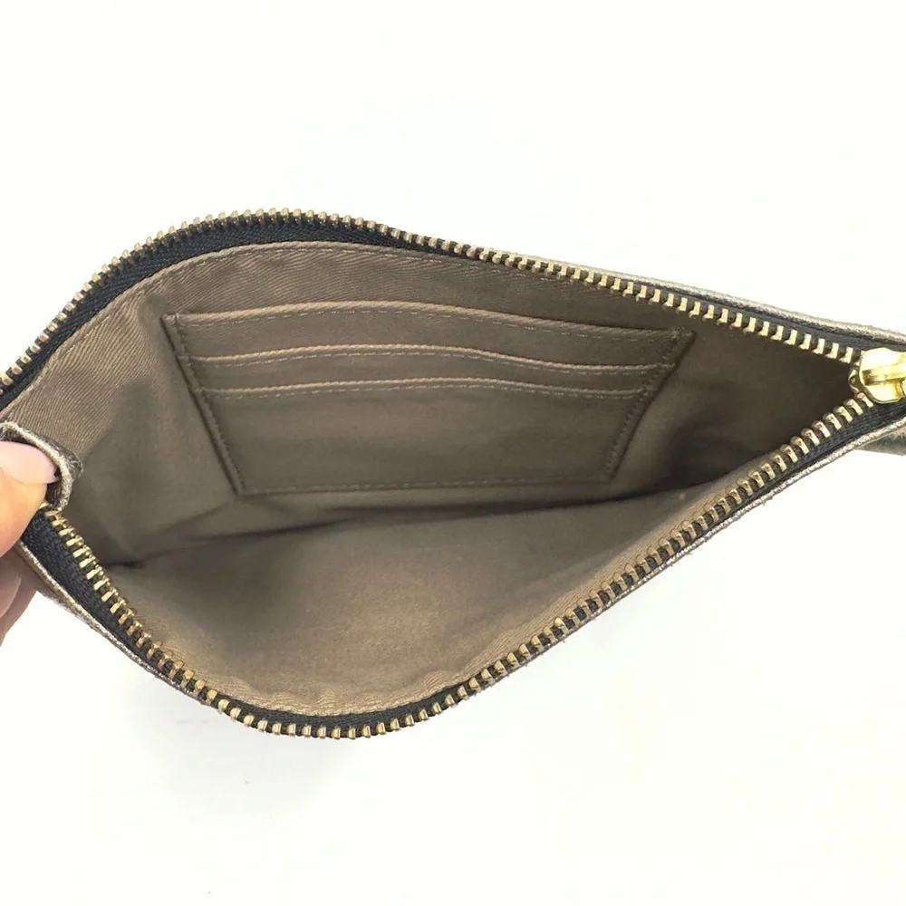 Fossil Leather Striped Wristlet Pouchette Wallet Bag Metallic Zip Pouch Clutch